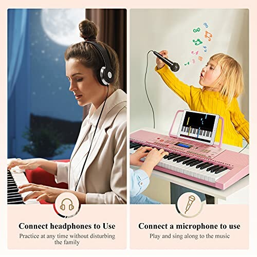 Two piano practice options: woman using headphones, child with microphone.