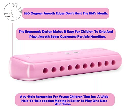 A pink children's harmonica with ergonomic design and smooth edges, perfect for young musicians.