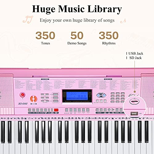Pink keyboard with music library features, 350 tones, 50 demo songs, 350 rhythms, and USB/SD jacks.