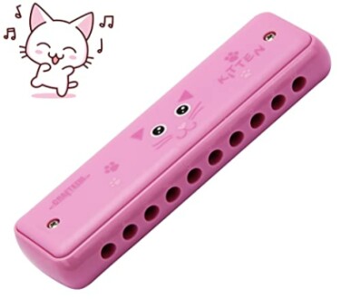 A pink kitten-themed harmonica with cartoon cat design, adding a fun touch to music learning.