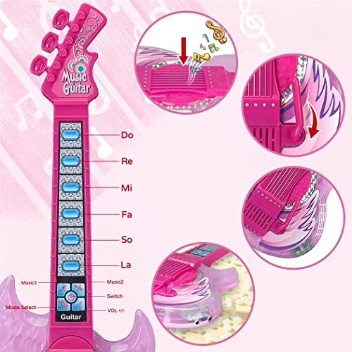 Pink musical guitar toy with buttons and features.