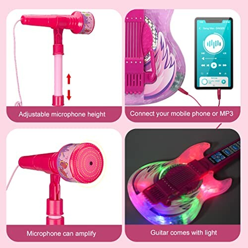 Pink toy microphone and guitar with amp and mobile connection.