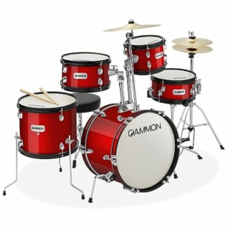 5-Piece Junior Starter Drum Kit with Cymbals, Hardware, Sticks, & Throne - Red