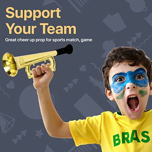 Child with face paint cheering, holding a horn