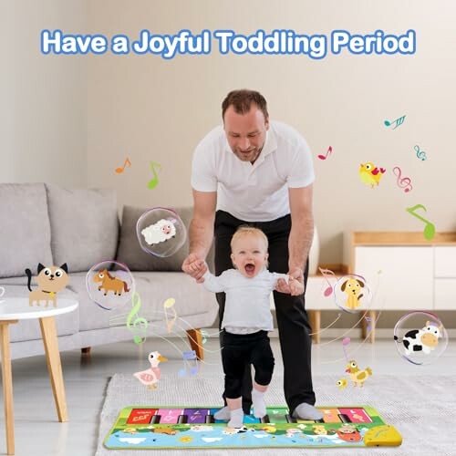 Adult guiding a toddler on a colorful musical play mat with animated musical notes and animals.