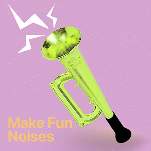 Yellow toy bugle on a purple background with white zigzag lines and text ‘Make Fun Noises’.
