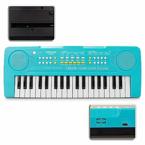 Turquoise electronic keyboard with multiple buttons and small speaker.