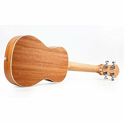 Back view of a wooden ukulele with tuning pegs.