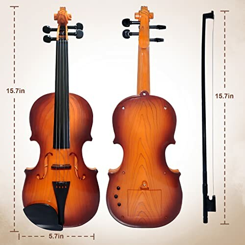 Front and back view of a violin with bow and measurements.