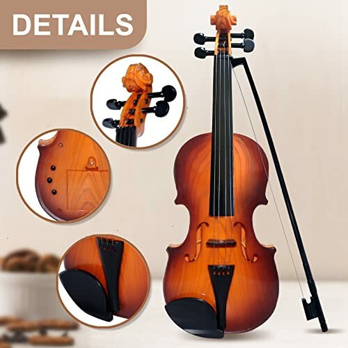 Detailed view of a violin and bow with close-up insets.