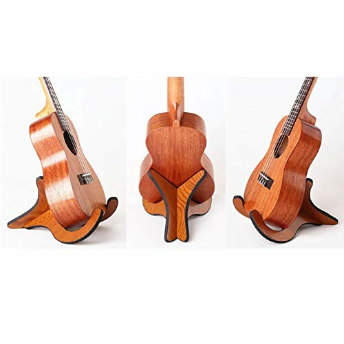 Wooden guitar stand with three views of a guitar.