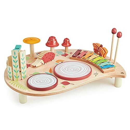 Wooden musical instrument toy set with xylophone, drums, and other percussion elements.