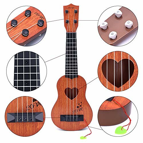 Wooden ukulele with detailed close-ups of parts including tuning pegs, strings, and heart-shaped sound hole.