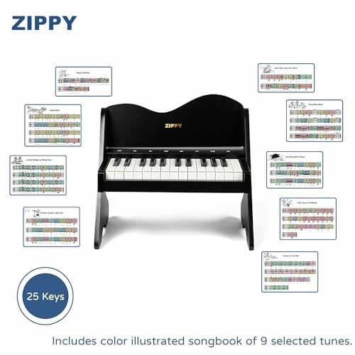 Zippy children's piano with 25 keys and illustrated songbook pages.