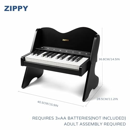Zippy black toy piano with dimensions and AA battery requirement.