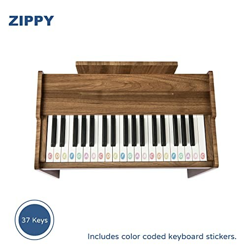 Wooden toy piano with 37 keys and color-coded stickers.