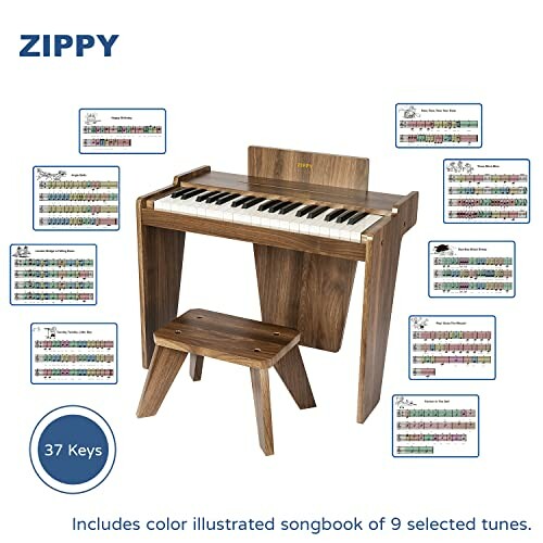 Zippy wooden kids piano with 37 keys and songbook.